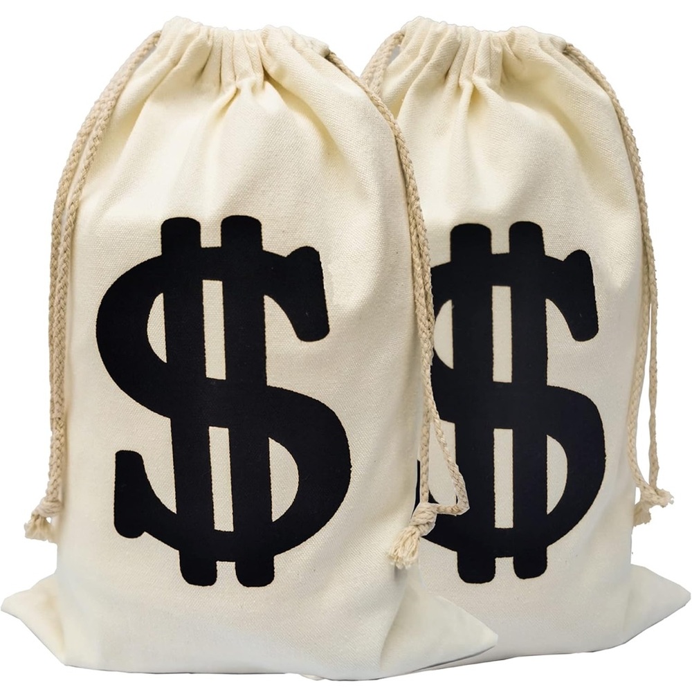 Cream Drawstring Money Bags with Dollar Sign